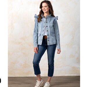 NWT Mazik Country Grace Ruffle Trim Edwardian Style Denim Jean Jacket Large